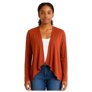 Carolyn Strauss silky open-front cardigan soft draped topper rich burnt orange